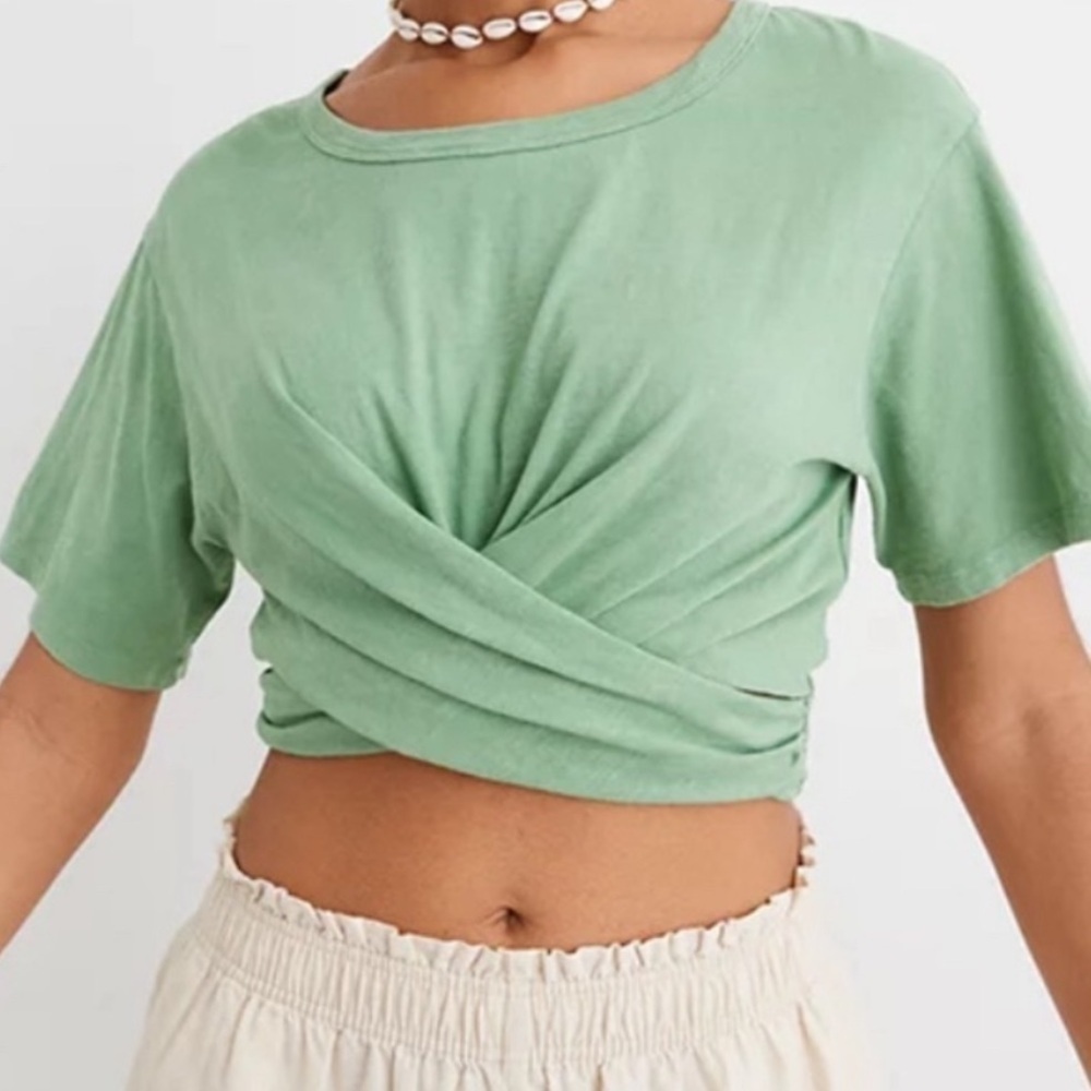 Aerie Green Cotton Knit Cropped Tie Front Crew Neck Short Sleeve Top M - Picture 4 of 4